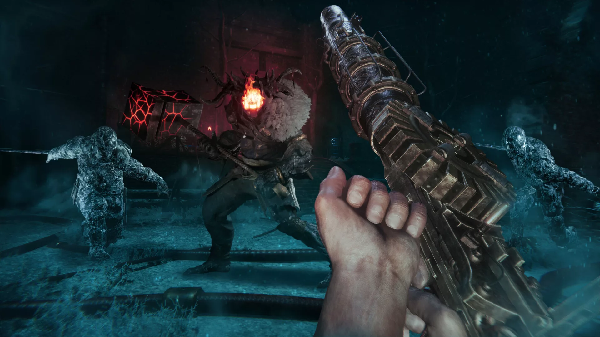 Jogador de Sker Ritual dispara contra os Quiet Ones numa floresta à noite