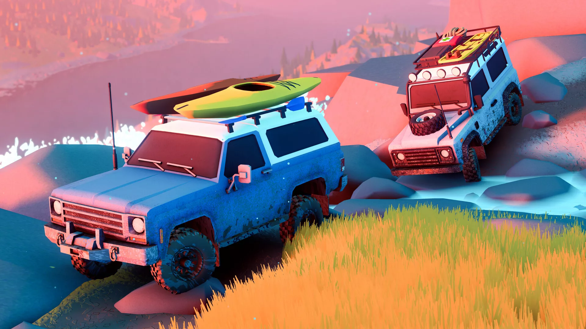Dois 4x4 clássicos, um deles com um caiaque no tejadilho, num trilho de Over the Hill