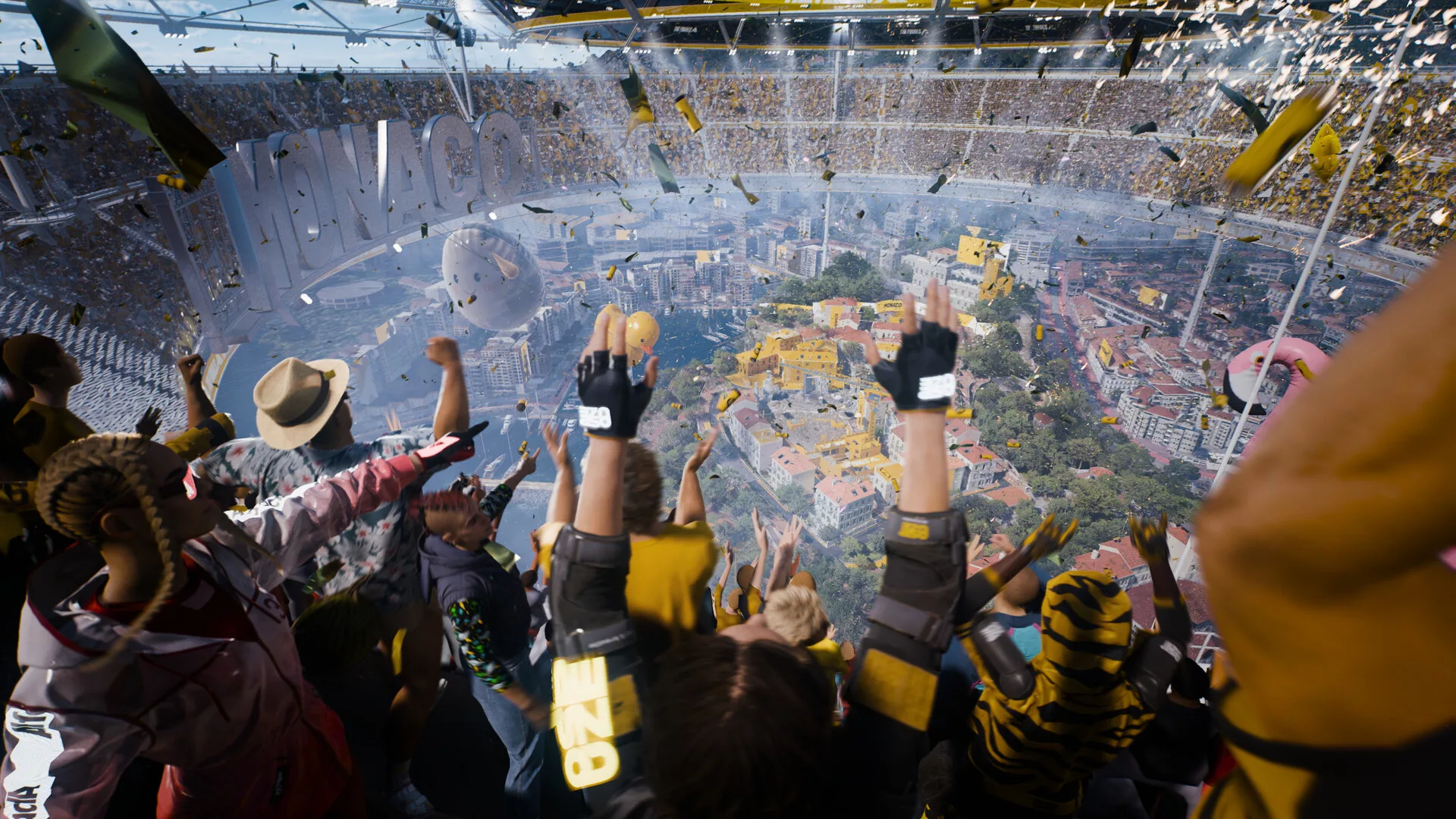 Uma arena de THE FINALS vista do ar, com o público nas bancadas e a cidade em baixo