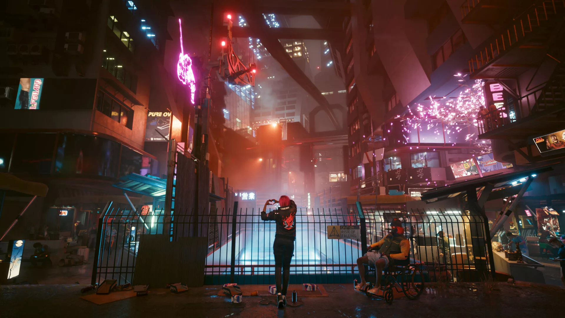 Rua de Night City cheia de néons em Cyberpunk 2077
