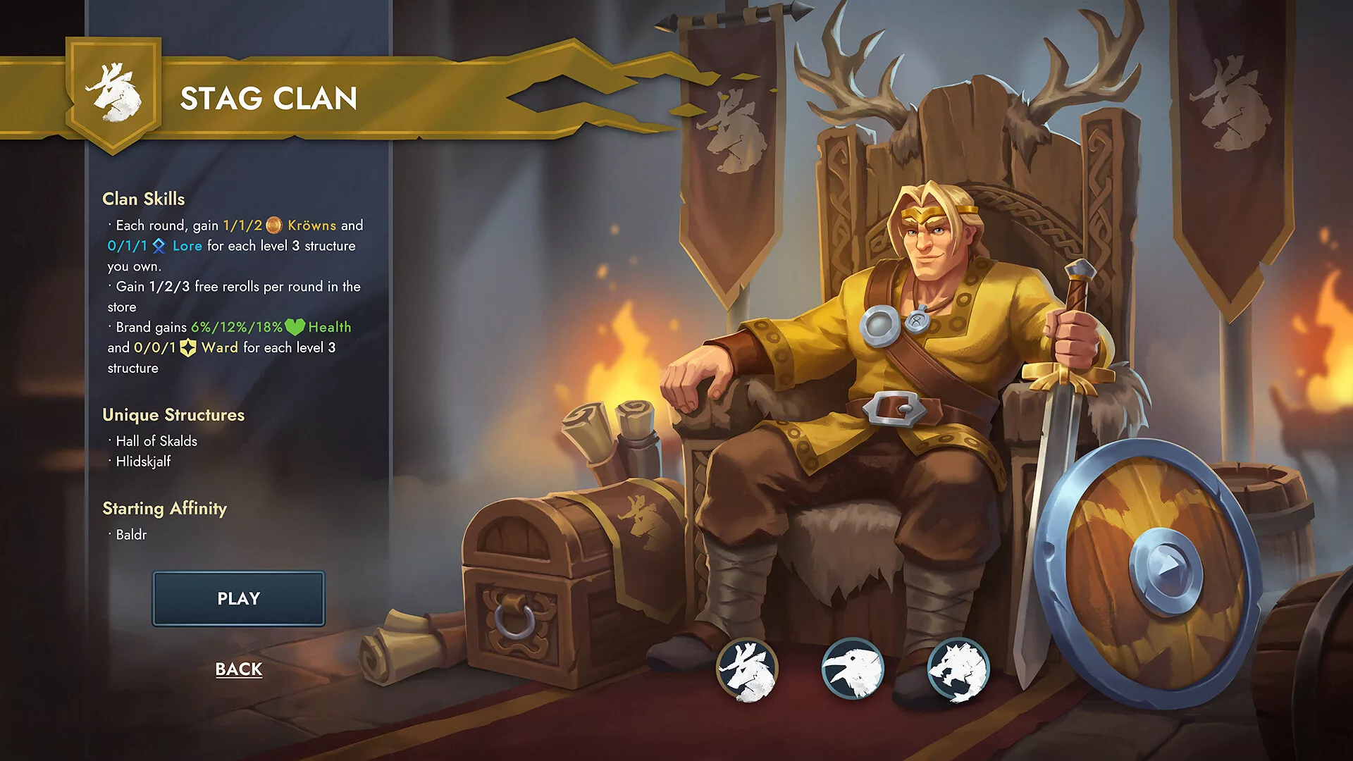 Ecrã de escolha do Clan of the Stag, com o Warchief Brand sentado num trono, em Northgard Battlegrounds
