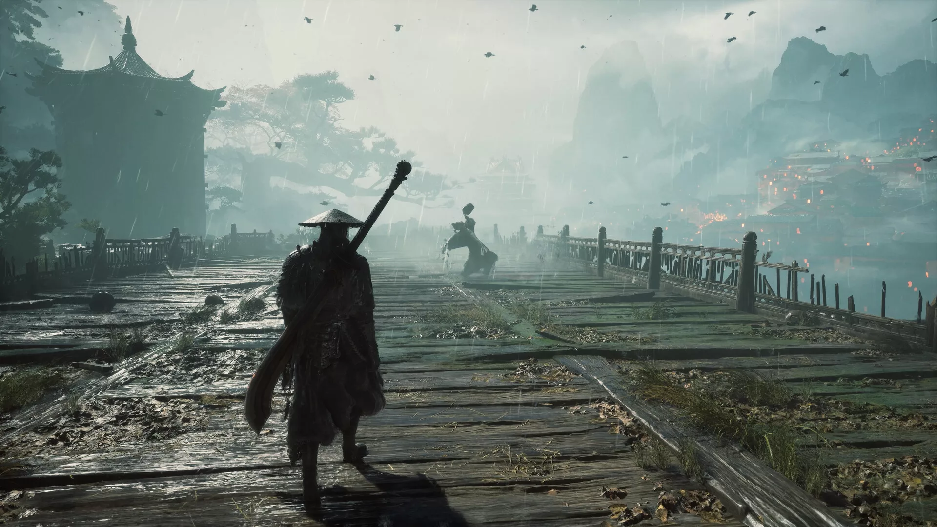 Soul, de chapéu de palha e espada às costas, atravessa uma ponte de madeira em Phantom Blade Zero
