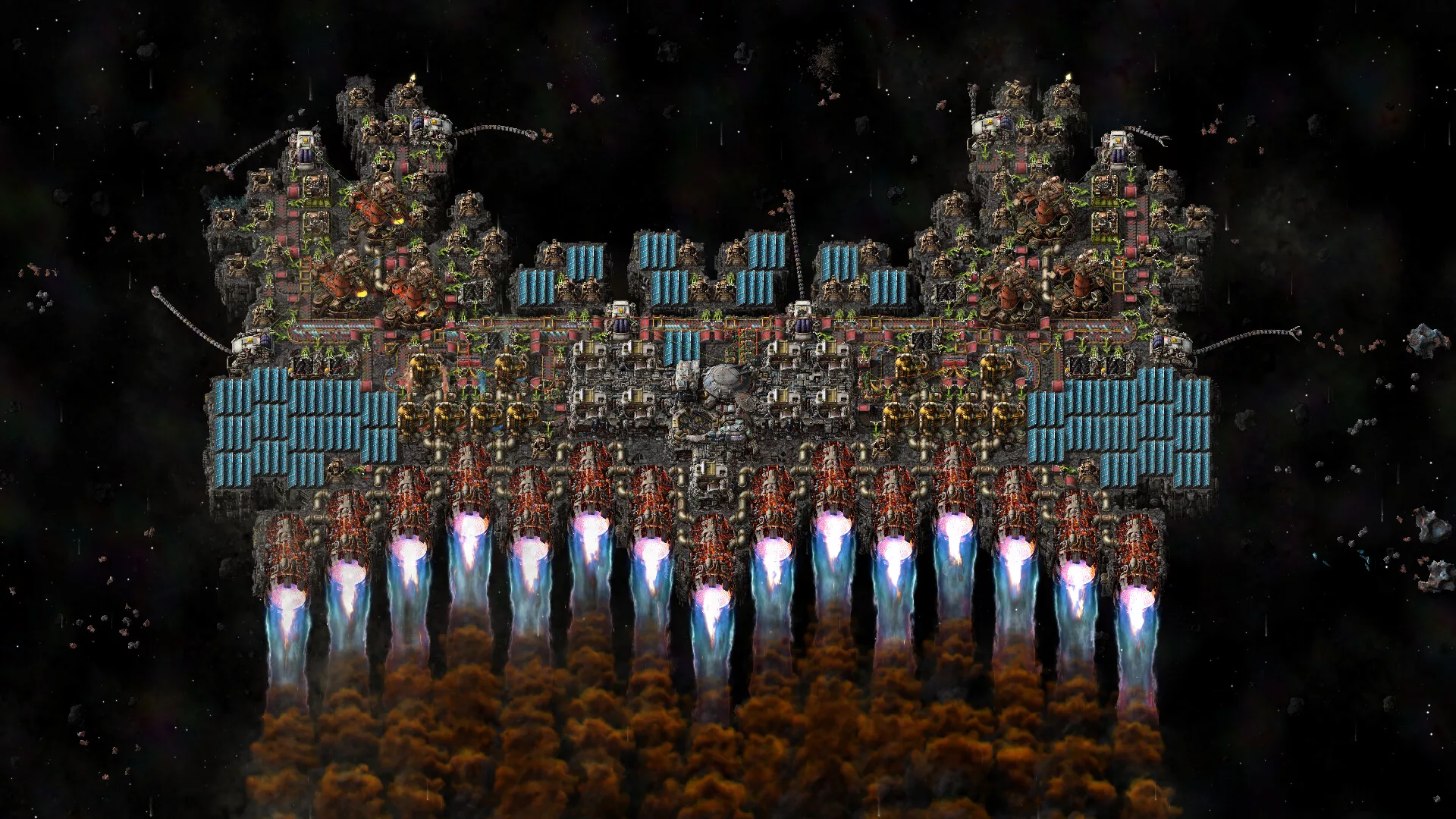 Plataforma espacial de Factorio: Space Age com painéis solares e uma fila de propulsores acesos