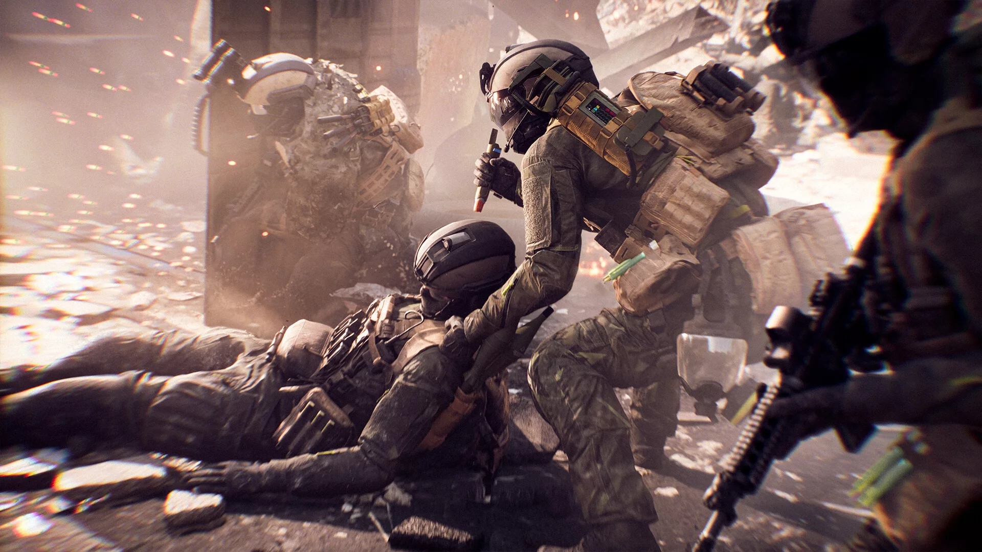 Um soldado de Battlefield 6 a arrastar um colega ferido para fora da linha de fogo