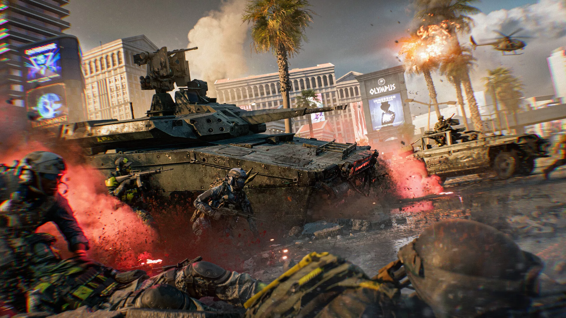 Uma rua de Las Vegas em Battlefield 6, com um tanque e soldados entre casinos e palmeiras