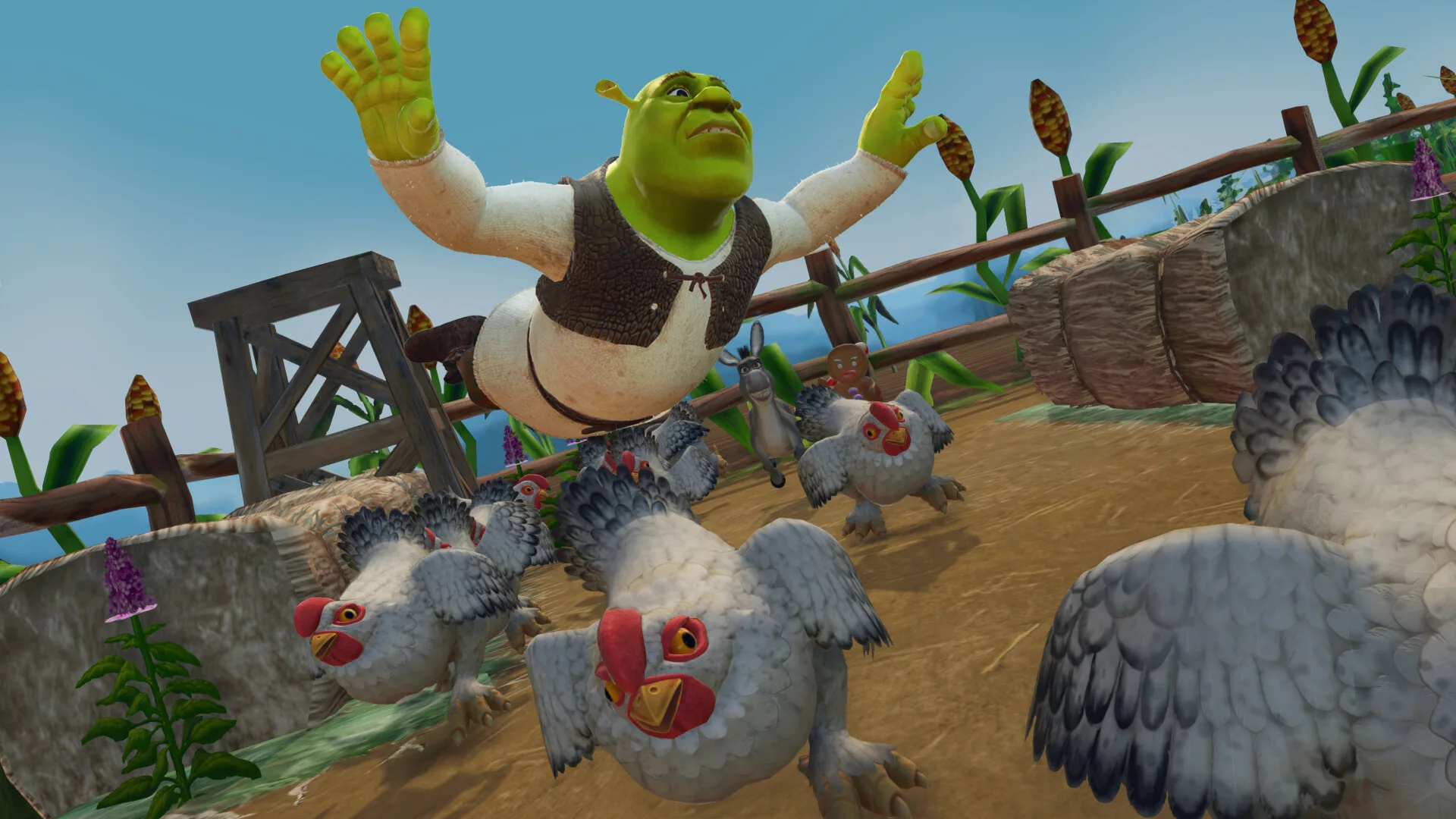 Shrek a saltar entre galinhas numa quinta em Shrek 2 Remastered