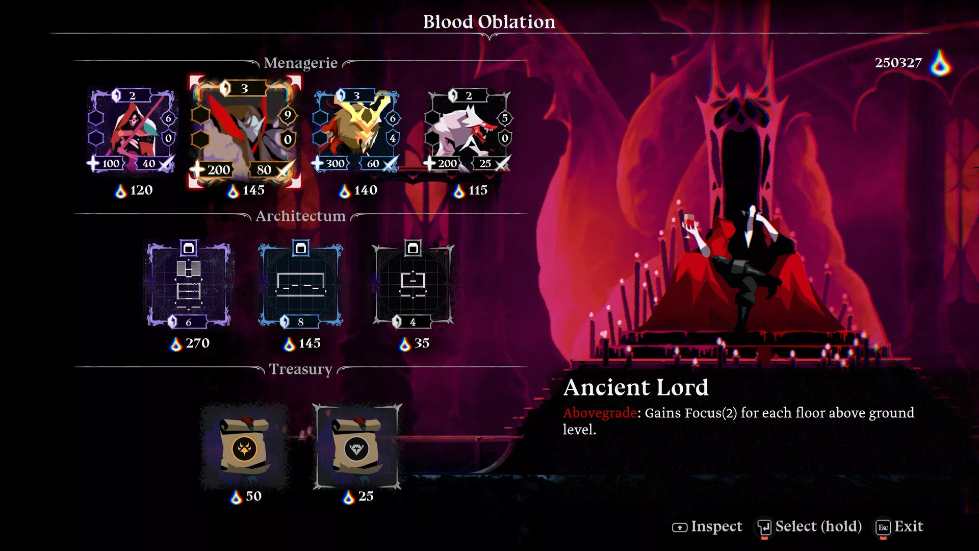 Menu de melhorias Blood Oblation de ReVamp com criaturas e salas para desbloquear