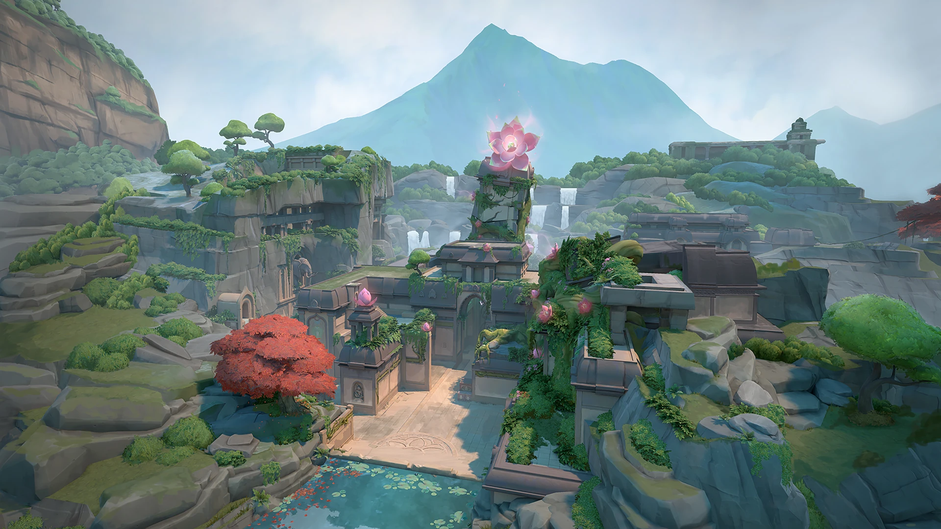 Vista do mapa Lotus, com muita vegetação, pedra e água