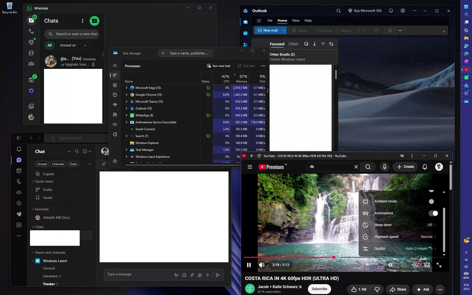 Vários programas abertos no Windows 11 26H2 com a memória abaixo dos 90%