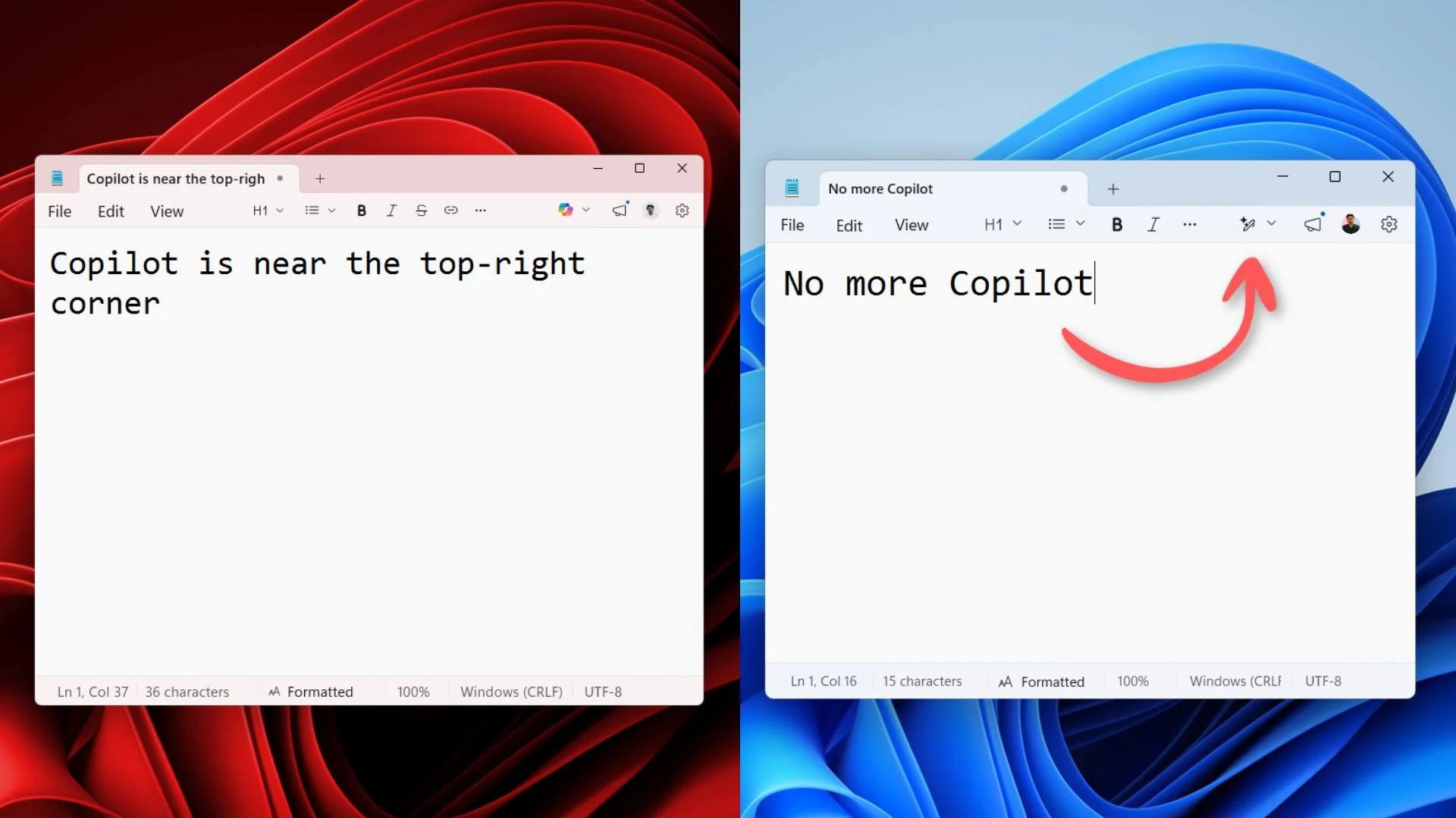 Bloco de Notas do Windows 11 antes e depois de perder o botão do Copilot