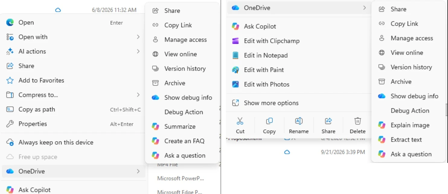 Menu do botão direito do Explorador do Windows 11 com as ações do Copilot para ficheiros do OneDrive