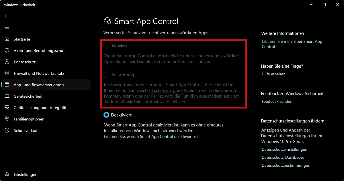 Página do Smart App Control na Segurança do Windows, com as opções Ativado e Avaliação a cinzento