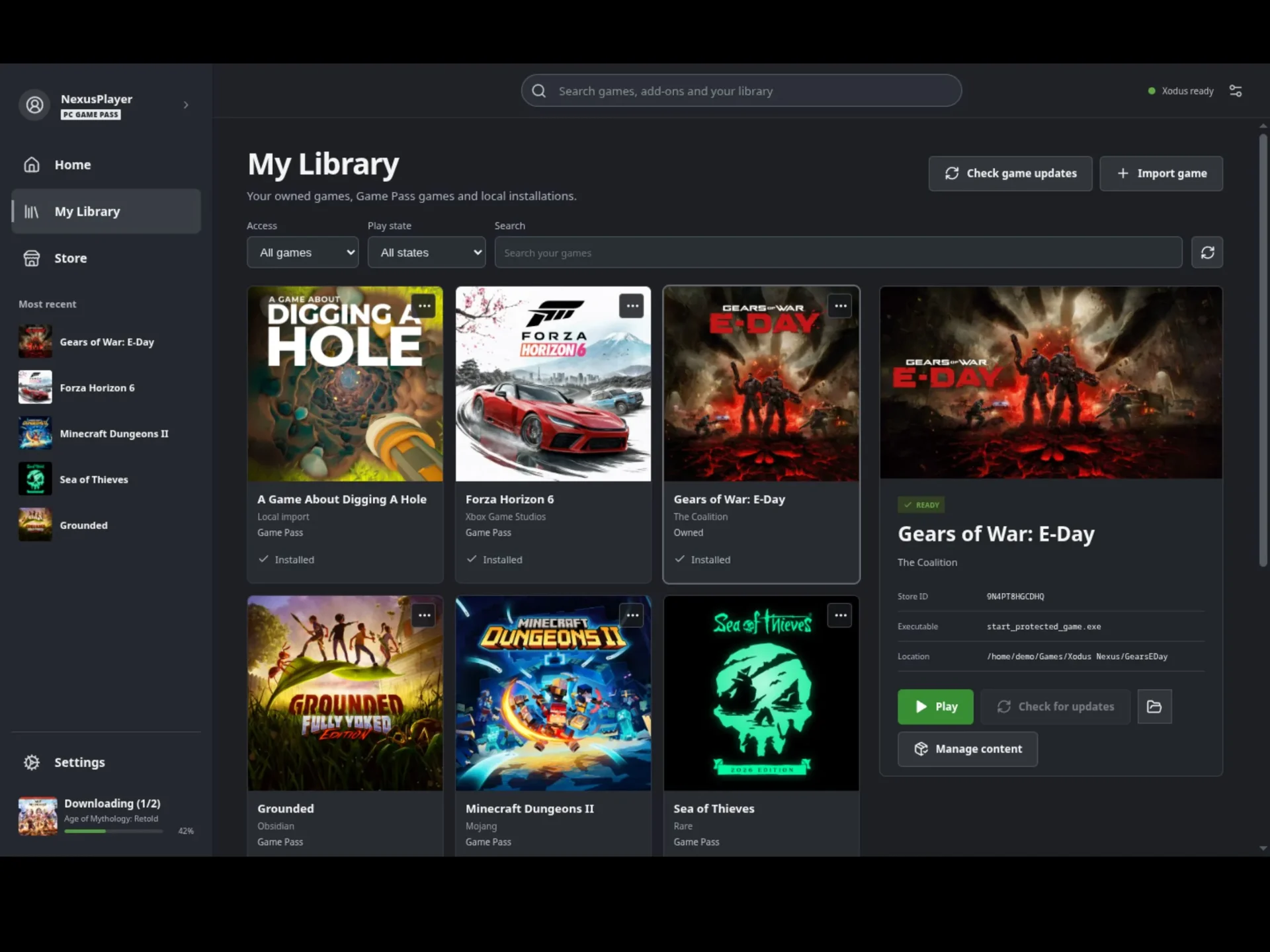 Biblioteca do Xodus Nexus com jogos do Game Pass como Gears of War: E-Day e Sea of Thieves
