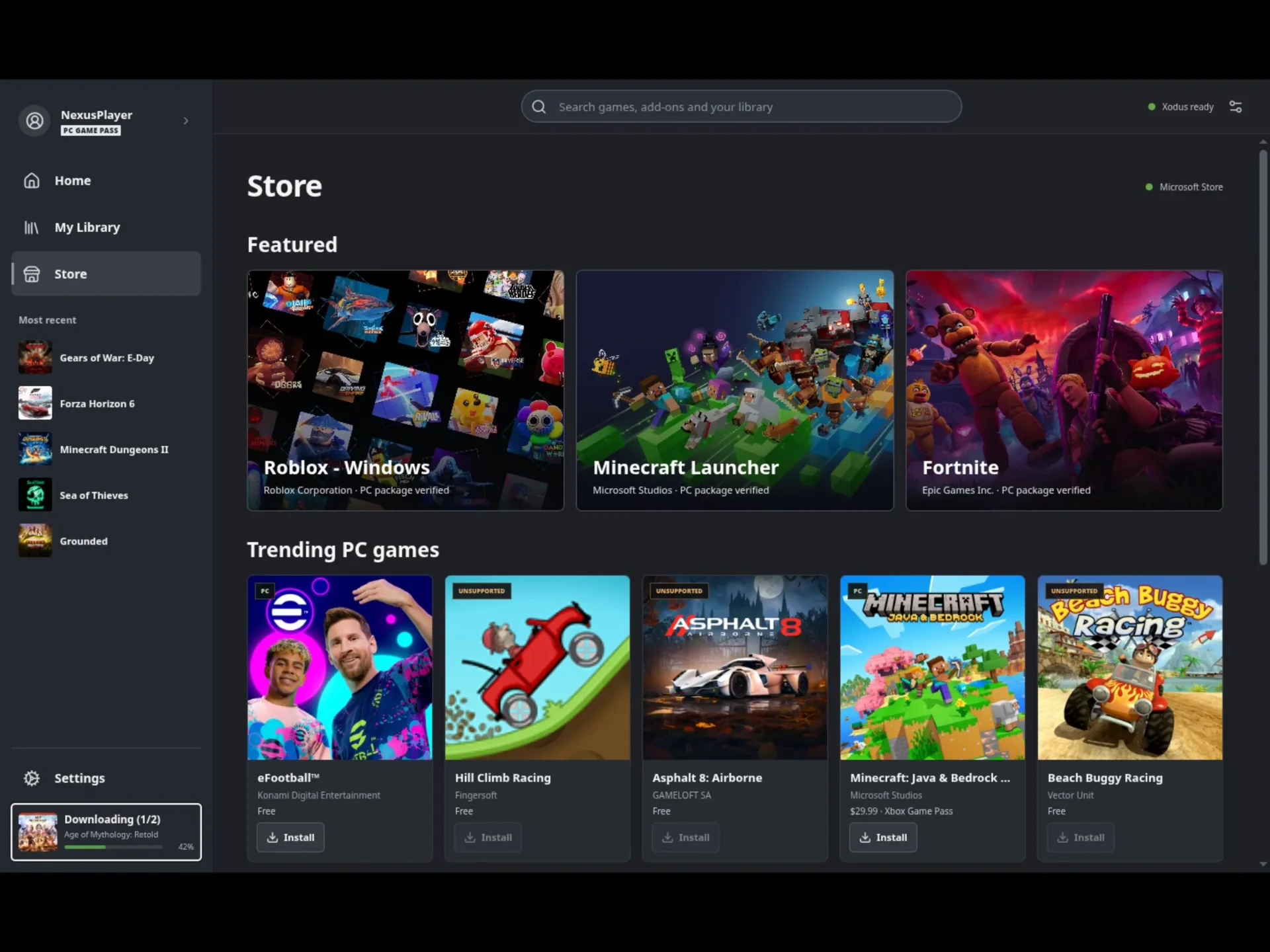 Separador Store do Xodus Nexus com jogos da Microsoft Store em destaque